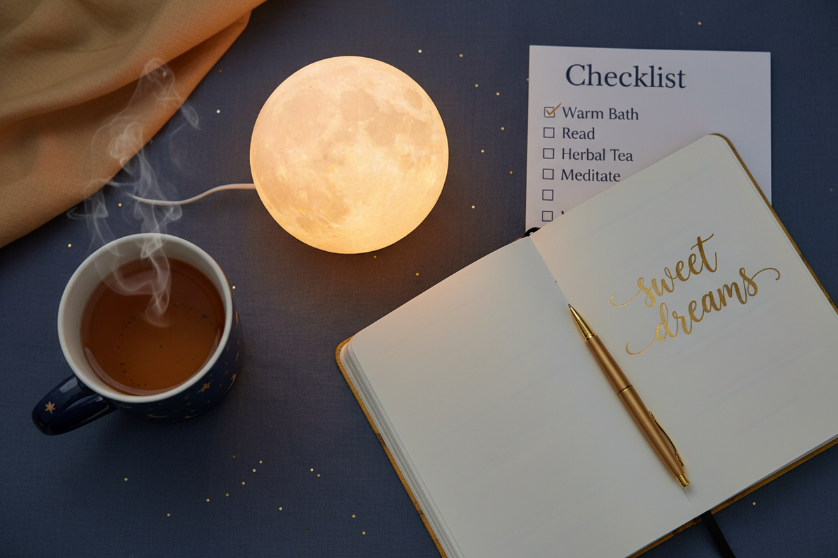 Cozy lifestyle flat lay for the sleep wellness guide